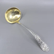 DURGIN Antique Sterling Silver Soup Ladle Engraved Vine Leaves Gold Wash Bowl