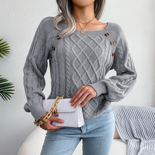 winter casual square neck button Fried Dough Twists knitting pullover sweater - Picture 44 of 58