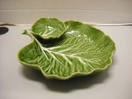 Vintage Bordallo Pinheiro Cabbage Leaf Serving Dish Chips and Dip Plate Portugal
