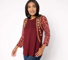 LOGO by Lori Goldstein Women's Top Sz XS Sleeve Embroidered Print Red A659291