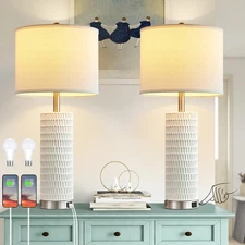 White Table Lamps Set of 2, 28" Ceramic Lamps for Living Room with USB C+A Po...