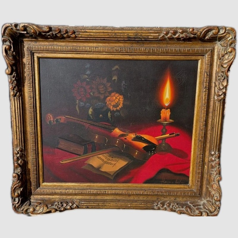 German Candle Flame Book Violin Still Life by Listed Alois Hennersdorf b1927