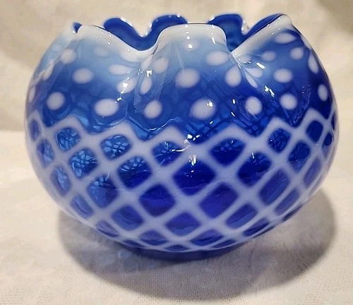 Fenton LG Wright Cobalt & Opalescent Glass Rose Bowl Snowflakes HTF