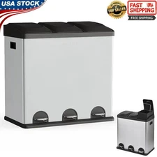 16 Gal 3-Compartment Kitchen Step-on Trash Can Recycling Bin Stainless Steel New