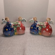 Christmas Ceramic Double Angel Taper Candle Holder Glossy Shiny Set Of Two