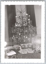 Vtg B&W Snapshot Holiday Christmas Tree Heavy Tinsel Gifts Presents Christmas