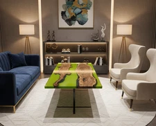 Luxury Green Epoxy Resin Coffee Table | Live Edge Wood Slab Handmade