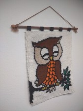 Vintage 1970s Caron Latch Hook Yarn Sleepy Owl Rug Wall Hanging, Wood Dowel Rod