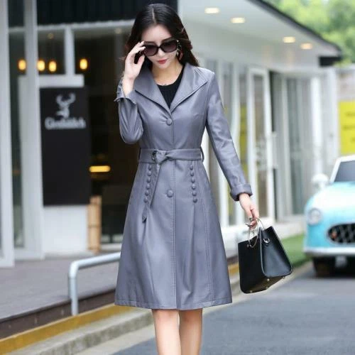 Otoño Mujeres Imitación Cuero Cinturón Moto Solapa Rompevientos Fiesta Abrigo M-5XL L Foto 3 de 4