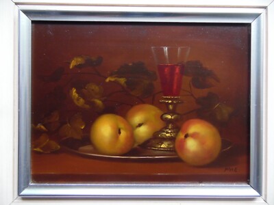 Stillleben Wein und Obst auf Tablett.  Endre Kiss Ungarisches Original Öl