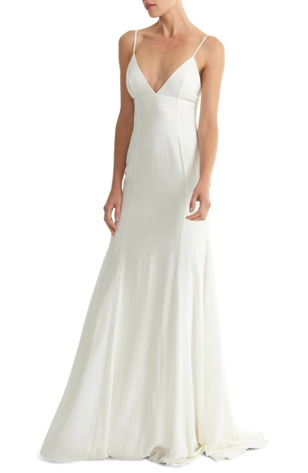 JOANNA AUGUST Bridal Wedding Ivory White V-Neck Minimalist Maxi Mermaid Gown 8 M - Image 3 of 4