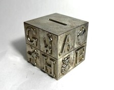 Vintage Silver Plated ABC Block Baby Bank Child  s Cube Coin Piggy Bank