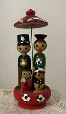 Vtg Wooden Hand Painted Asian Family Umbrella MCM