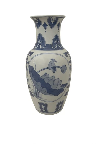 Vintage Chinoiserie Blue and White Porcelain Vase with Lotus and Bird Artwork