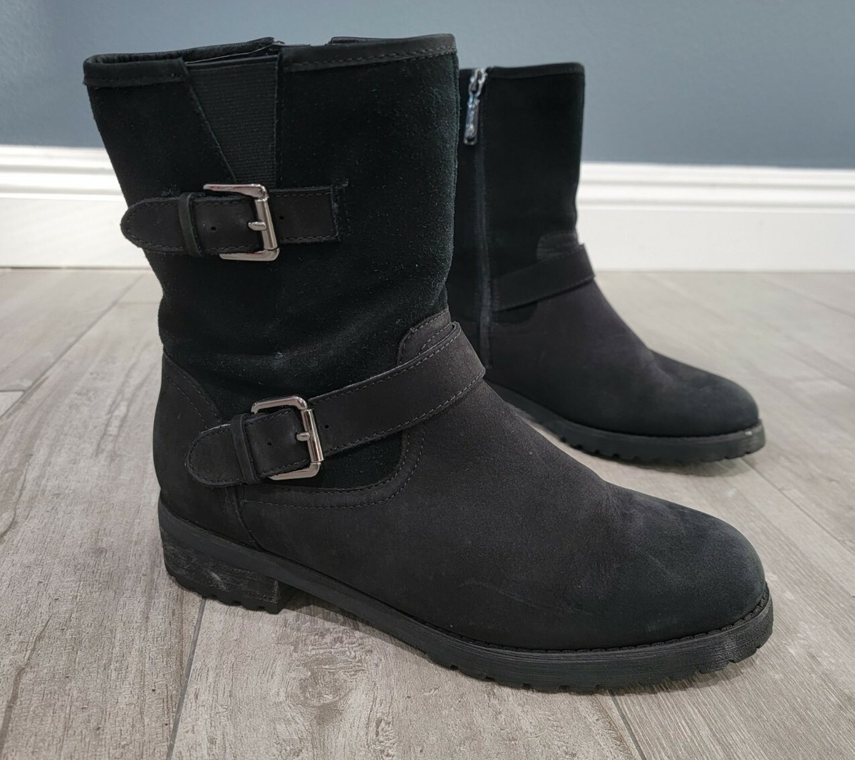 BLONDO Val black suede waterproof mid calf moto biker harness boots sz