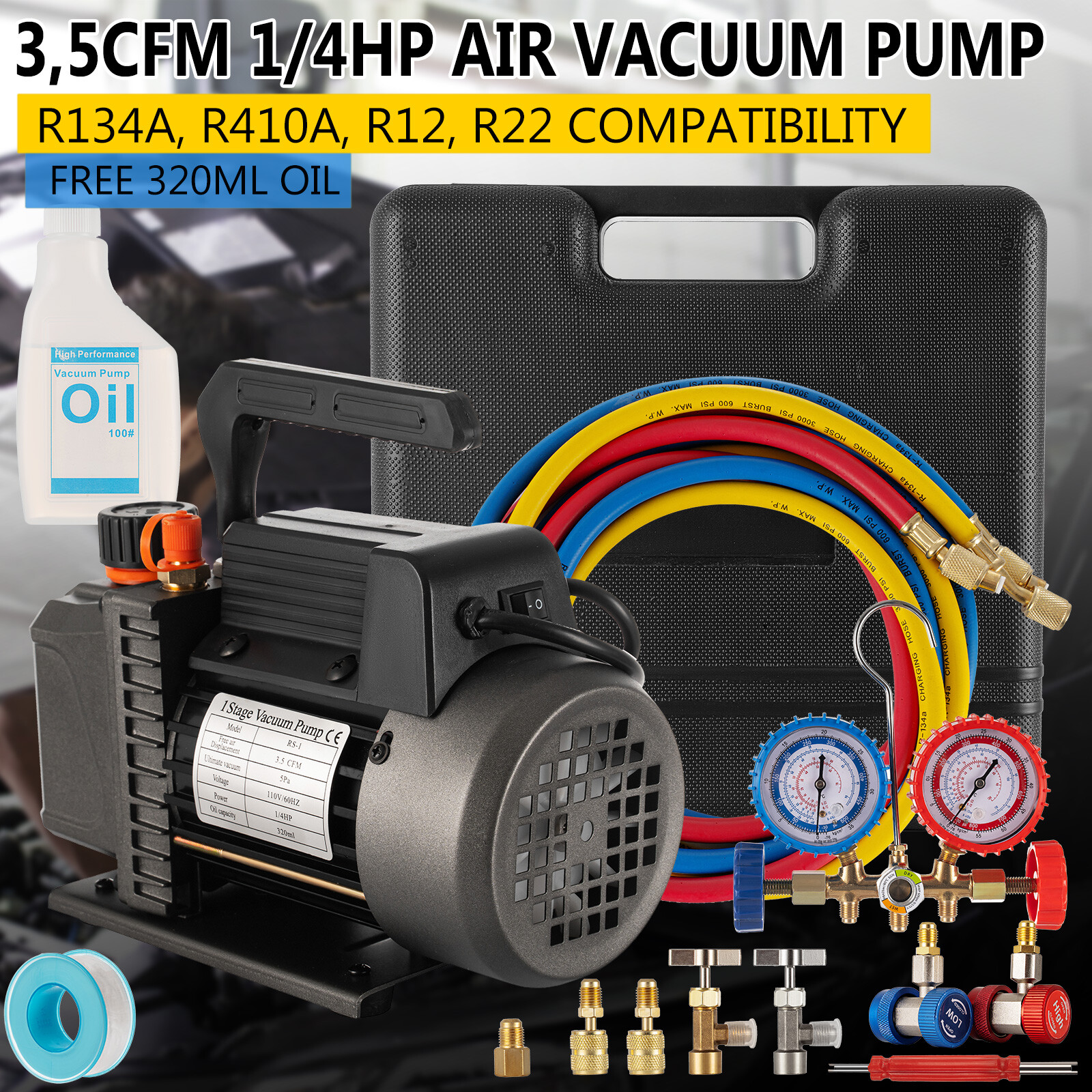 3.5 CFM 1/4HP Air Vacuum Pump With A/C Manifold Gauge Set R134A