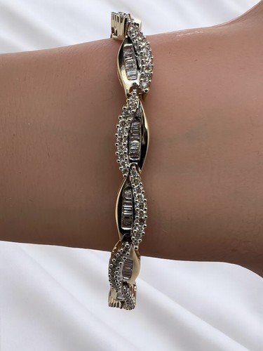 Gorgeous 14K White & Yellow Gold Natural Diamond Wavy Tennis Bracelet ~3.00 cttw - Picture 2 of 7