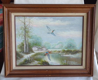 Vintage Oil Painting Mallard Ducks in Flight Rural Scenery Signed Minerva