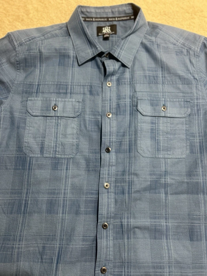 Rock & Republic Mens Geometric Plaid Blue Short Sleeve Button Down Shirt Size XL - Image 2 of 4