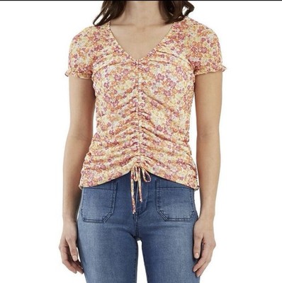 BCX Womans Sz XL Blouse Mesh Floral Cinch Short Sleeve New