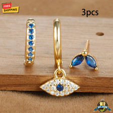3pcs Blue Zircon Evil Eye Hoop Earrings 18K Gold Plated Women Jewelry