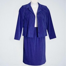 Vintage 80s Leslie Fay Skirt Suit 8P Blue Microsuede Princess Seams Blazer Set