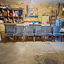Set of 6 Grey Upholstered Dining Chairs Padded Seat Button Tufted Dark Wood