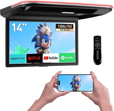 Xtron 14 Inch Android Car Overhead Player, Flip Down Roof Mount Monitor, 2+32GB 