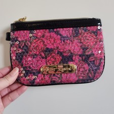 Betsey Johnson Sequin Rose Wristlet Zip Pouch Floral Pink Black Heart Charm