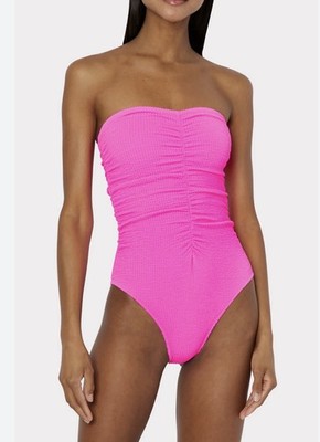 Milly Textured Ruched One Piece Swimsuit Neon Pink Small  NWT 