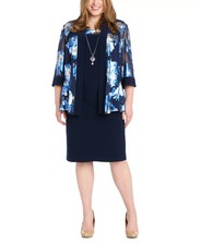 R M Richards Plus Size 14W Floral Foil Jacket Necklace Dress Navy Silver