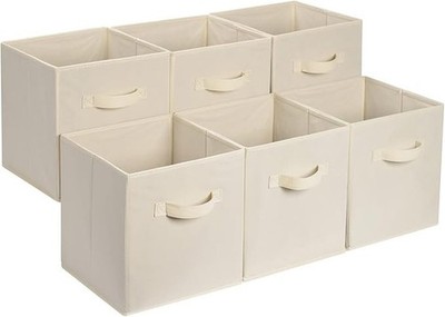 6 Pack Beige Collapsible Fabric Storage Cube Bins Organizer with Handle 13in