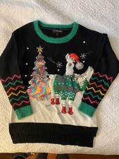 Women's 33 Degrees 3D Llama Christmas Tree Sequin Ugly Black Sweater Medium