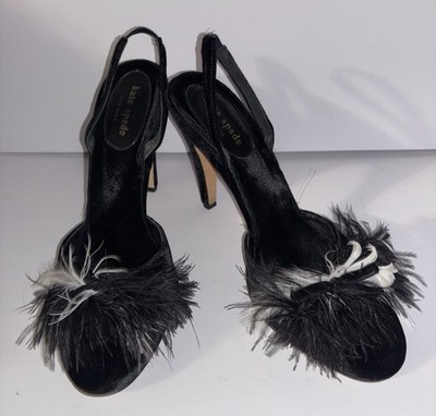 Kate Spade New York Marabou Feather Black Velvet Slingback Pumps 10 M