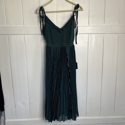Lulus Never a Dull Moment Emerald Green Tie-Strap Pleated Midi Dress Size  XXS | eBay