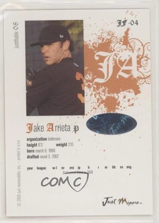 2008 Just Minors Justifiable Auto Jake Arrieta #JF-04 Auto - Image 2 of 2