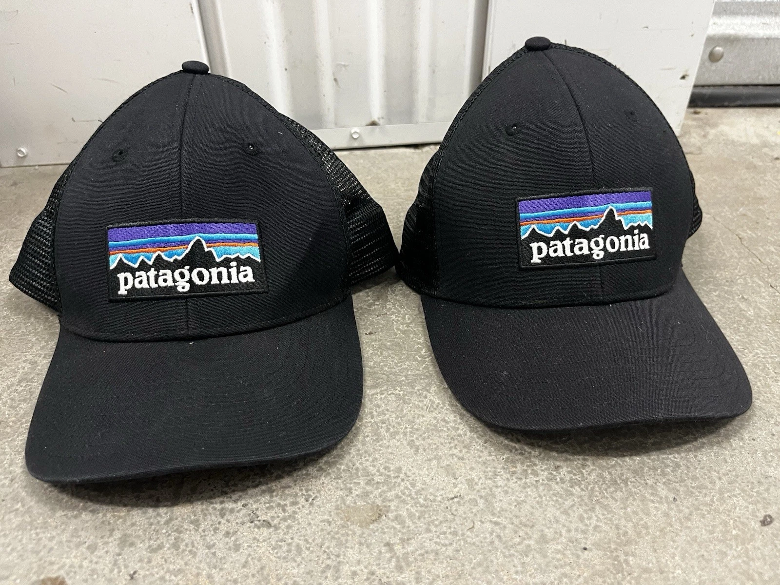 Lot Of 2 Patagonia Hat Cap Snapback Black Logo Trucker Mesh Back Hiking Outdoor