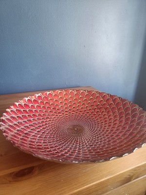 Große rot gold Glas Obstschale 33 cm Herzstück strukturiert Pfauenschuppen Jakobsmuschel