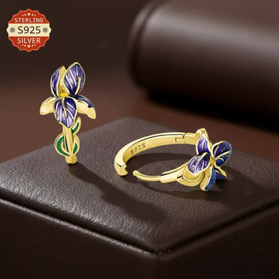 Vergoldete 925 Sterling Silber Iris Blume Creolen in Geschenkbox