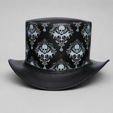 Black  White Genuine Leather Skull Steampunk Top Hat - Style 158