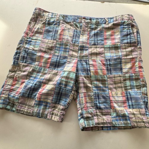 LL BEAN Shorts 20 Favorite Fit Cotton Multi Color Madras Plaid Patchwork 9 Inch
