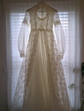 Vintage 80s Beaded Lace Mock Neck Sheer Long Sleeve, Train Wedding Dress