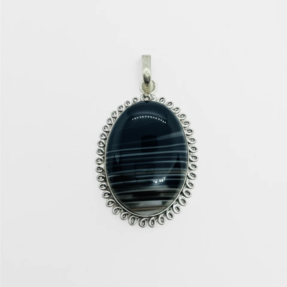 Natural Black Agate Silver Pendant | Handmade Oval Necklace with Free Chain - Image 1 of 4