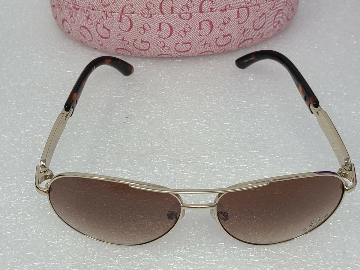 Guess Gold Frame Brown Tortoise Aviator Sunglasses in Hard  display picture 2