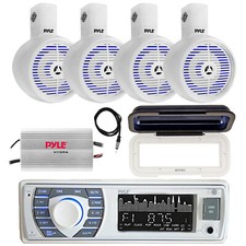 Pyle Marine Bluetooth Receiver, 4x 6.5" LED White Speakers, Amp, Cover, Antenna