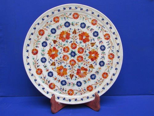 15" Marble Serving Plate Unique Carnelian Lapis Floral Inlay Stone Kitchen Decor - 第 1/8 張圖片
