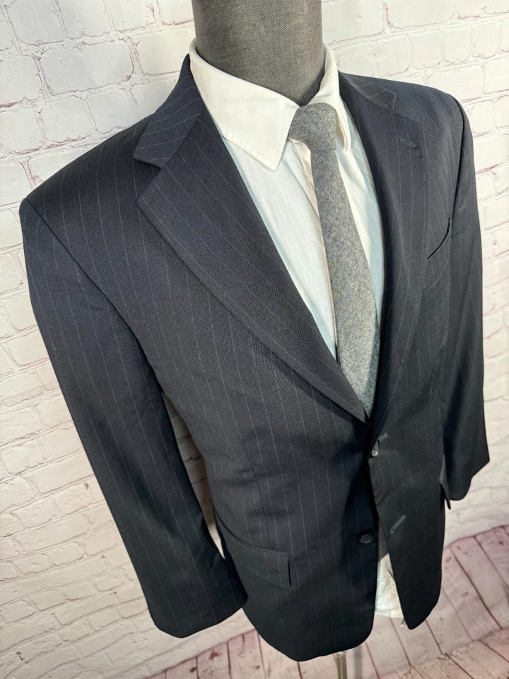 GEOFFREY BEENE Mens Navy Blue Pinstripe Pleated 2 Pc Suit 40S Jacket 33x27 Pant - Image 4 of 4