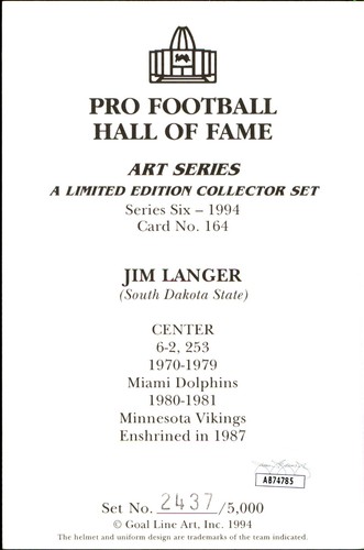 Jim Langer HOF Autographed/Inscr Goal Line Art GLAC Postcard Miami Dolphins JSA - Picture 2 of 2