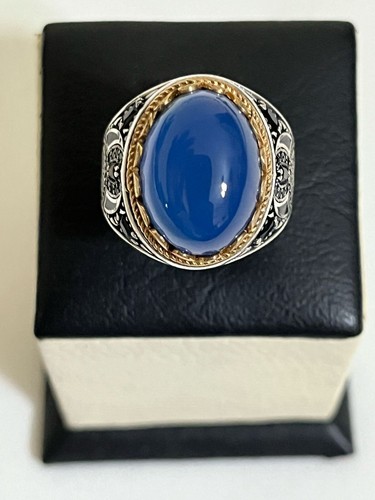 Luxury Men 925 Silver Ring Genuine Yemen Aqeeq Handmade design عقيق ازرق نوادر - Picture 4 of 13