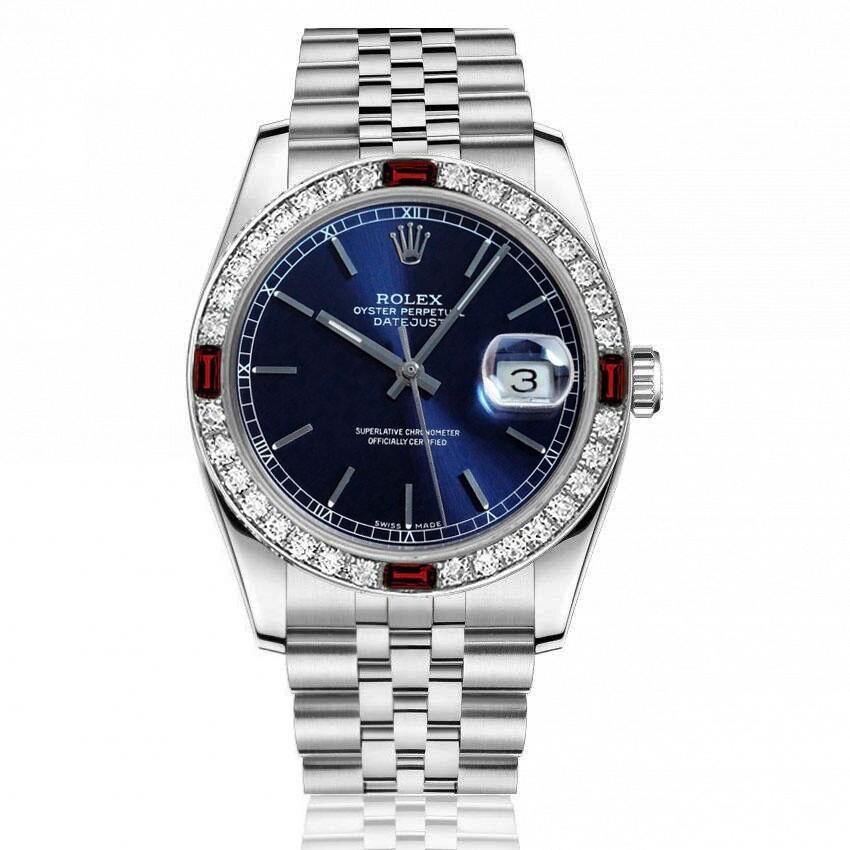 31 mm Rolex Datejust Blue Index Dial Stainless Steel Watch Ruby & Diamond Bezel